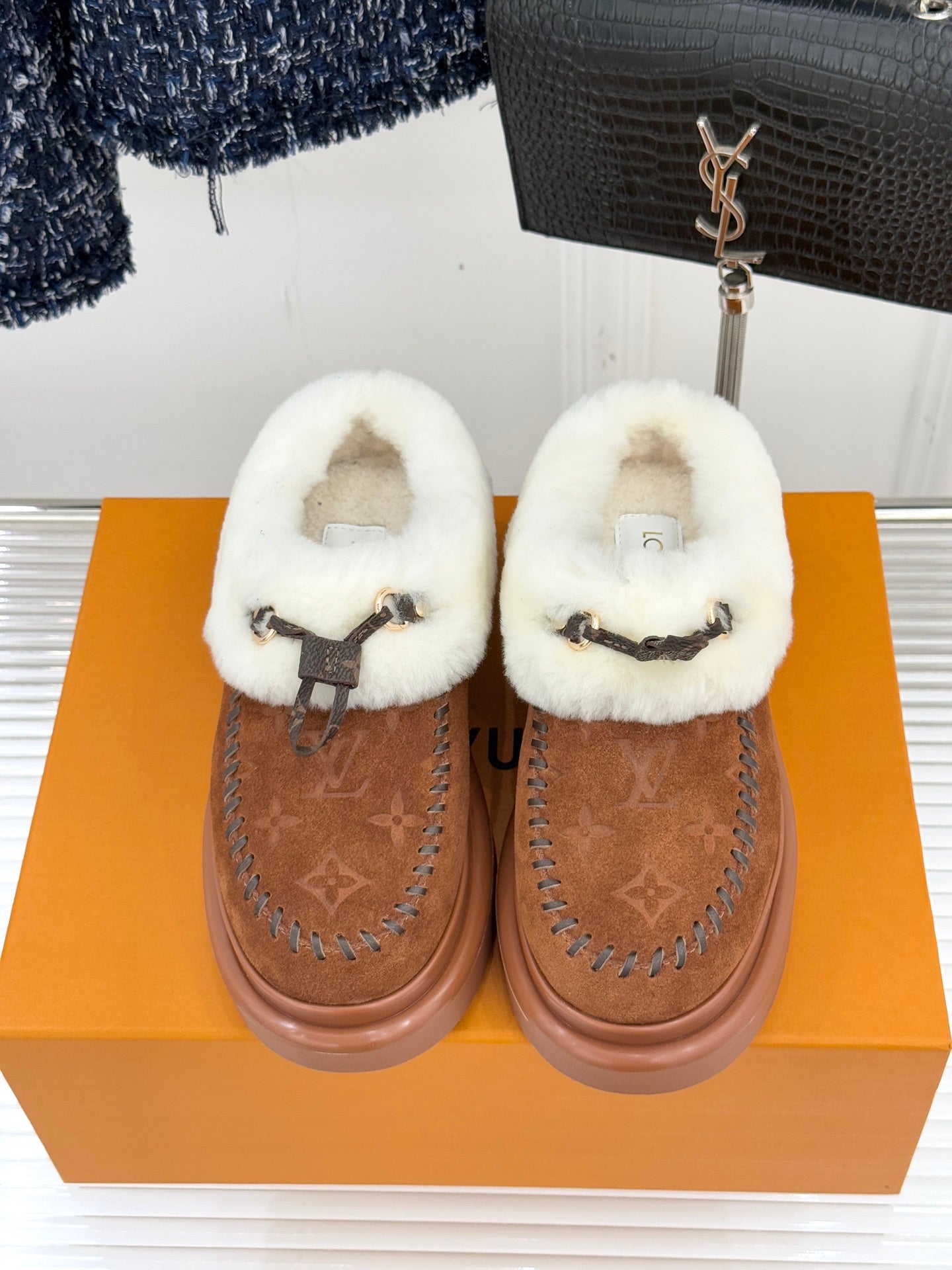 Louis Vuitton women's brown suede slippers with white shearling lining and double strap