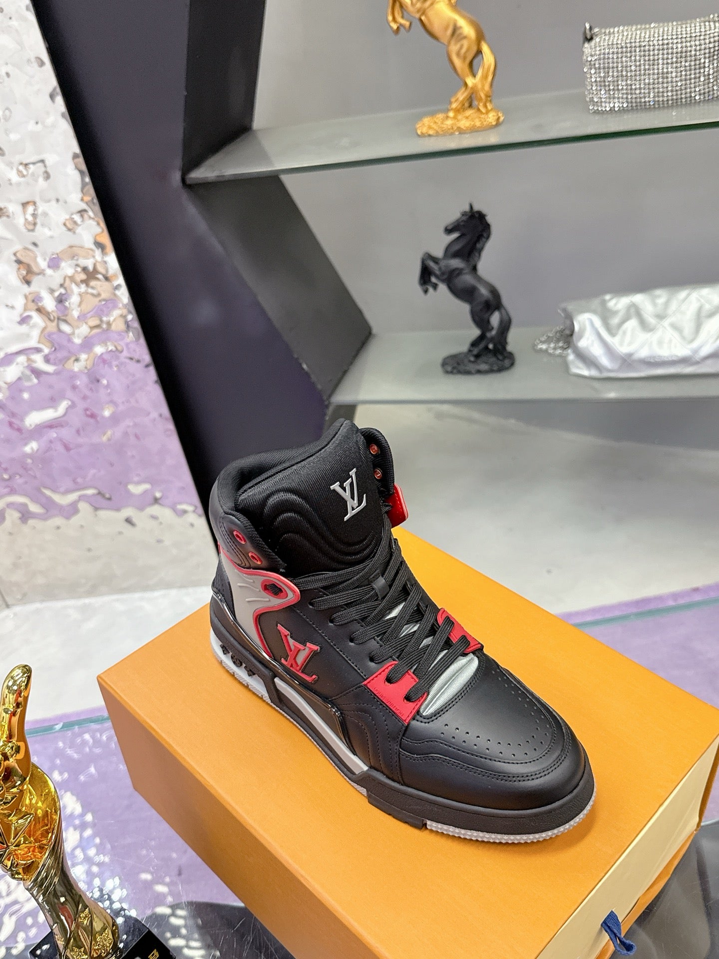Louis Vuitton high-top sneakers, black with red and white side details