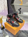 Louis Vuitton high-top sneakers, black with red piping and gray midsoles
