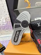 Louis Vuitton sneaker outsole, black upper with red trim and white tread sole