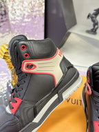 Louis Vuitton high-top sneaker close-up, black with red eyelets and white side panel
