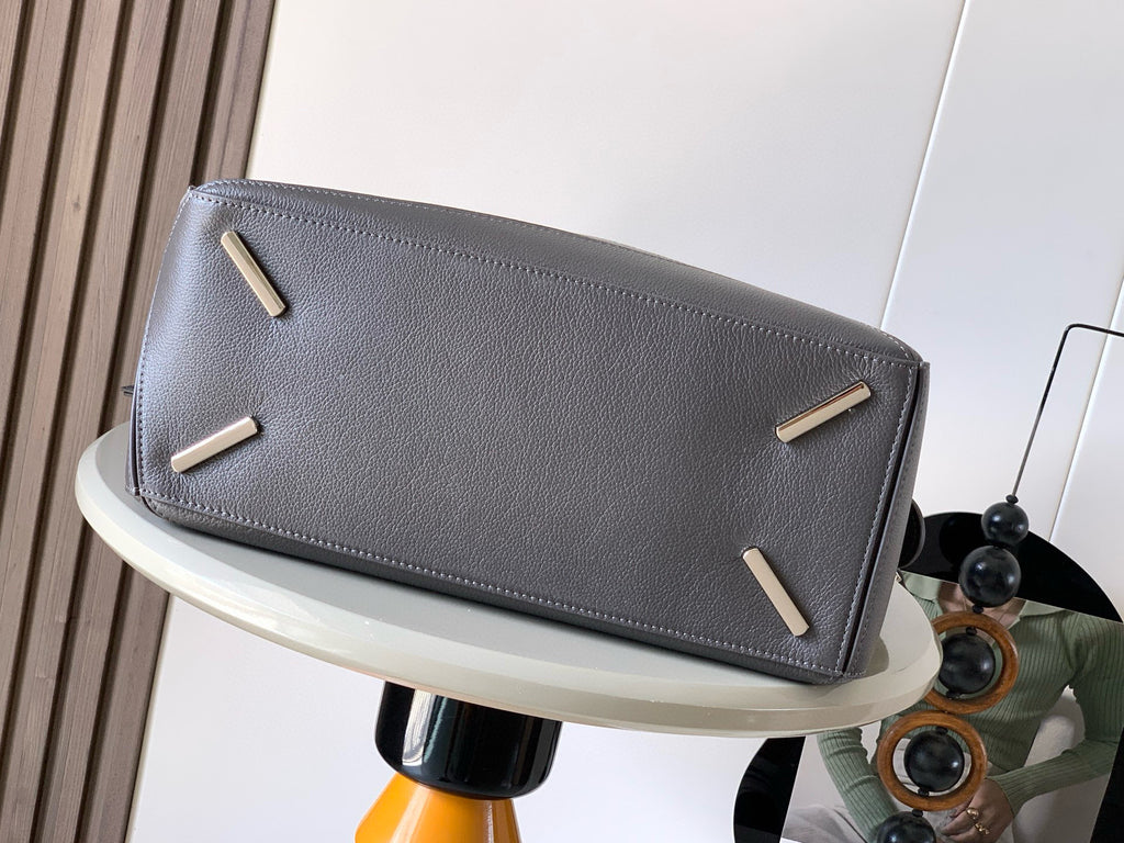 Loewe top-zip clutch pouch in dark blue-gray leather with three metal pull tabs