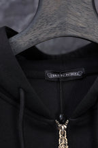 Black long zip hoodie neckline with zipper charm and woven brand label