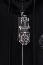 Chrome long black hoodie with keychain-style pendant and zip-front