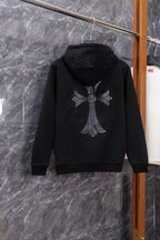 Black long zip hoodie, back view with large cross emblem graphic