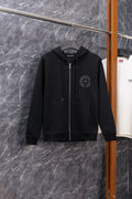 Black long zip hoodie with front pockets and embroidered emblem on chest