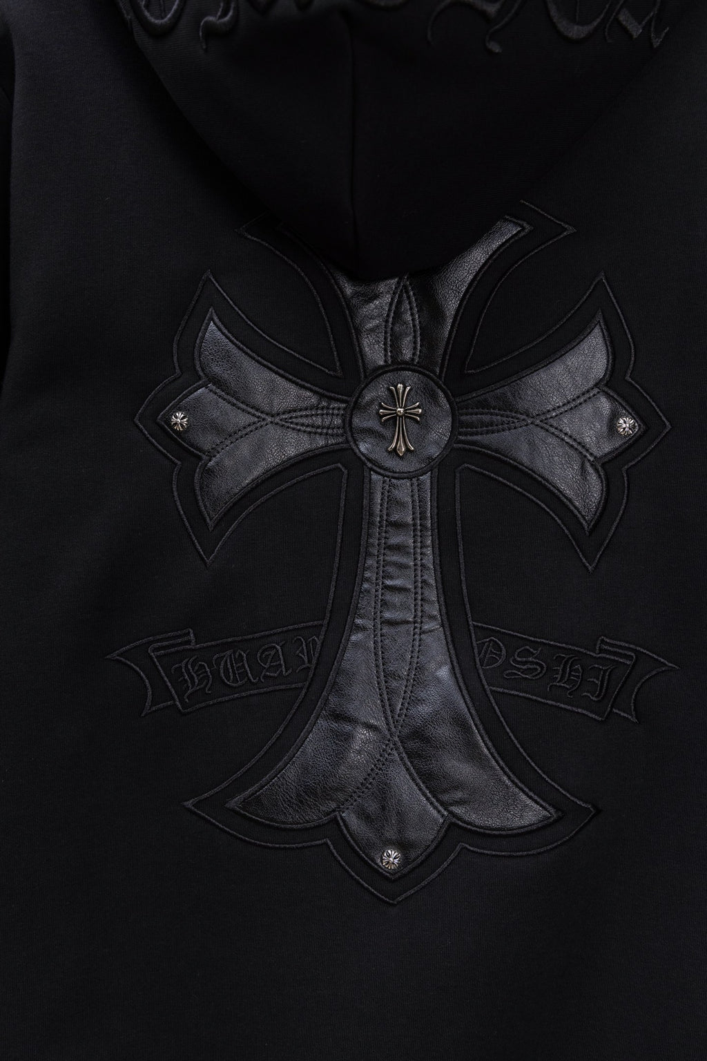 Chrome long black hoodie with embroidered cross emblem on chest