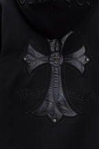 Chrome long black hoodie with embroidered cross emblem on chest