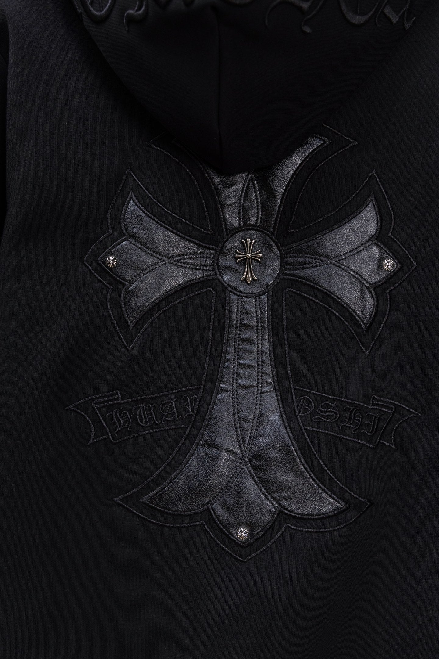 Chrome long black hoodie with embroidered cross emblem on chest