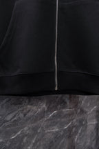 Chrome long black zip-up hoodie, full zipper and ribbed hem detail
