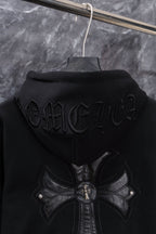 Black long zip hoodie front view with back-style cross emblem and hood detail