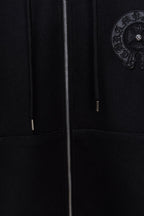 Black long zip hoodie with center zipper and two drawcord tips