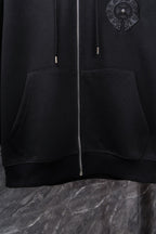 Chrome long black zip-up hoodie with side pocket and small cord tips