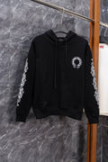 Black long-sleeve hoodie with front pocket and small left chest logo