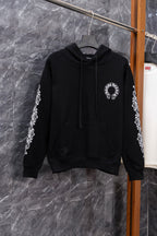 Black long-sleeve hoodie with front pocket and small left chest logo