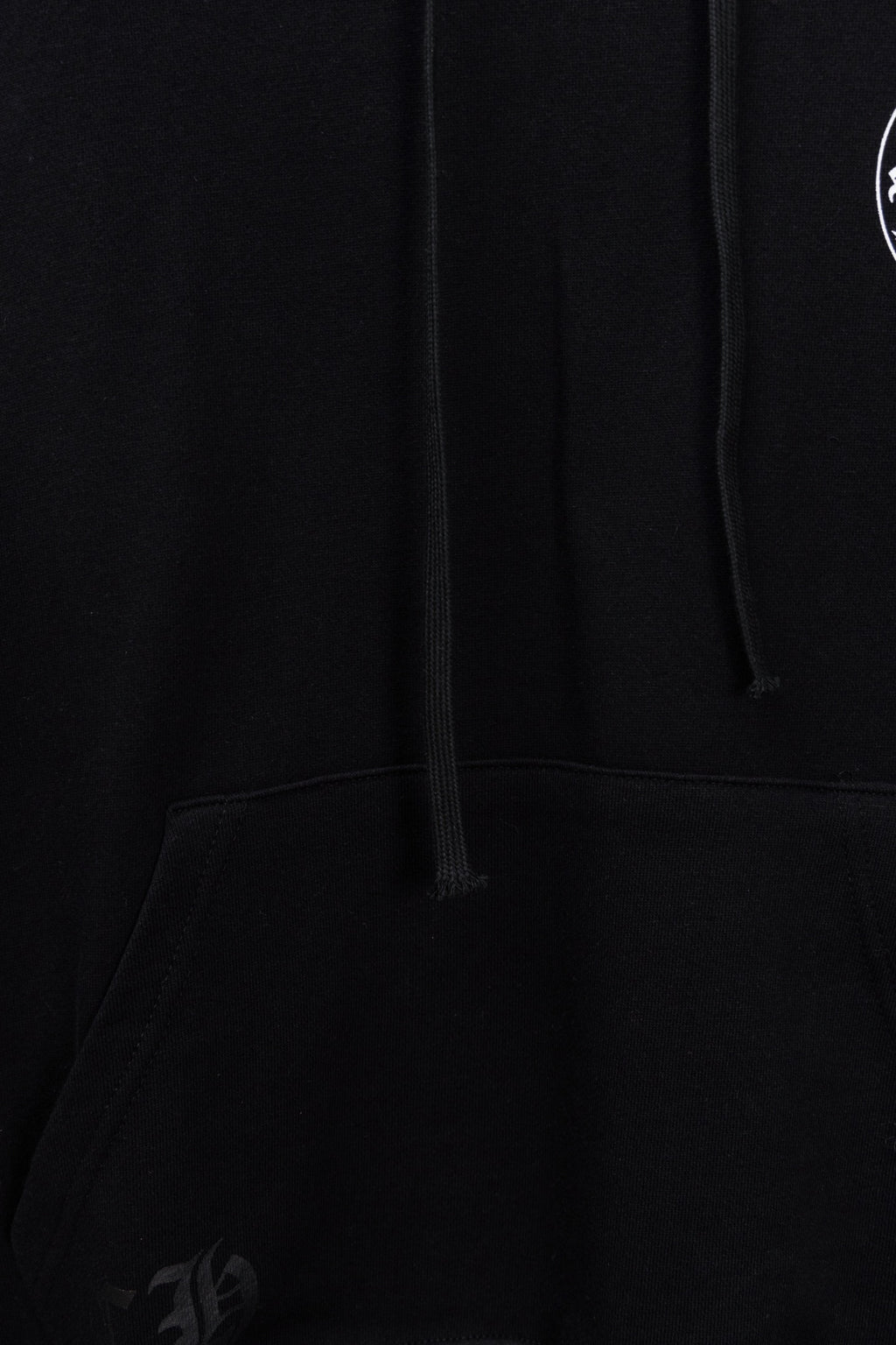 Black hoodie front with drawstring and kangaroo pocket opening