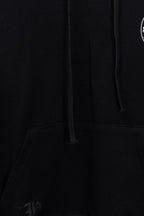 Black hoodie front with drawstring and kangaroo pocket opening