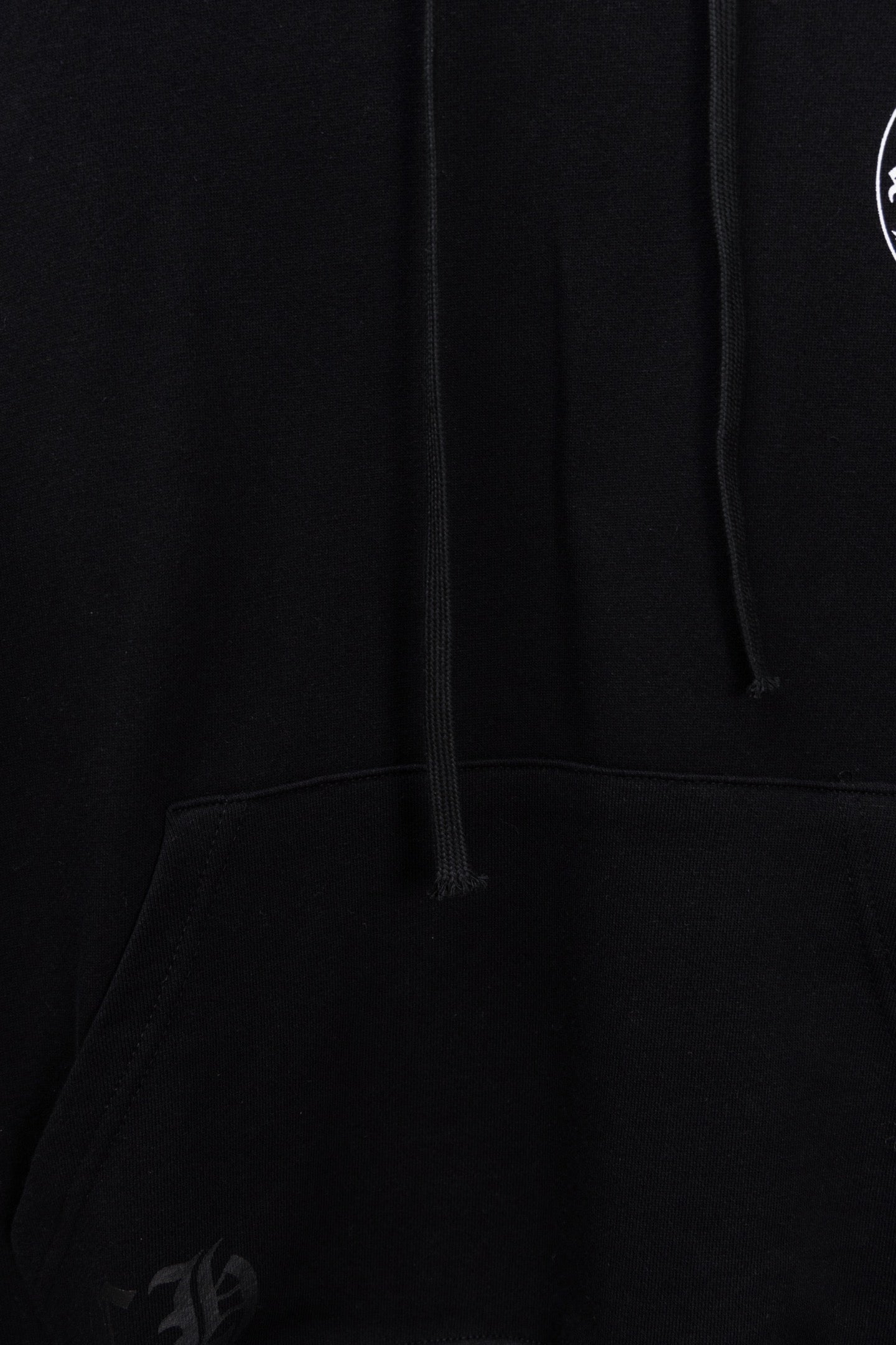 Black hoodie front with drawstring and kangaroo pocket opening