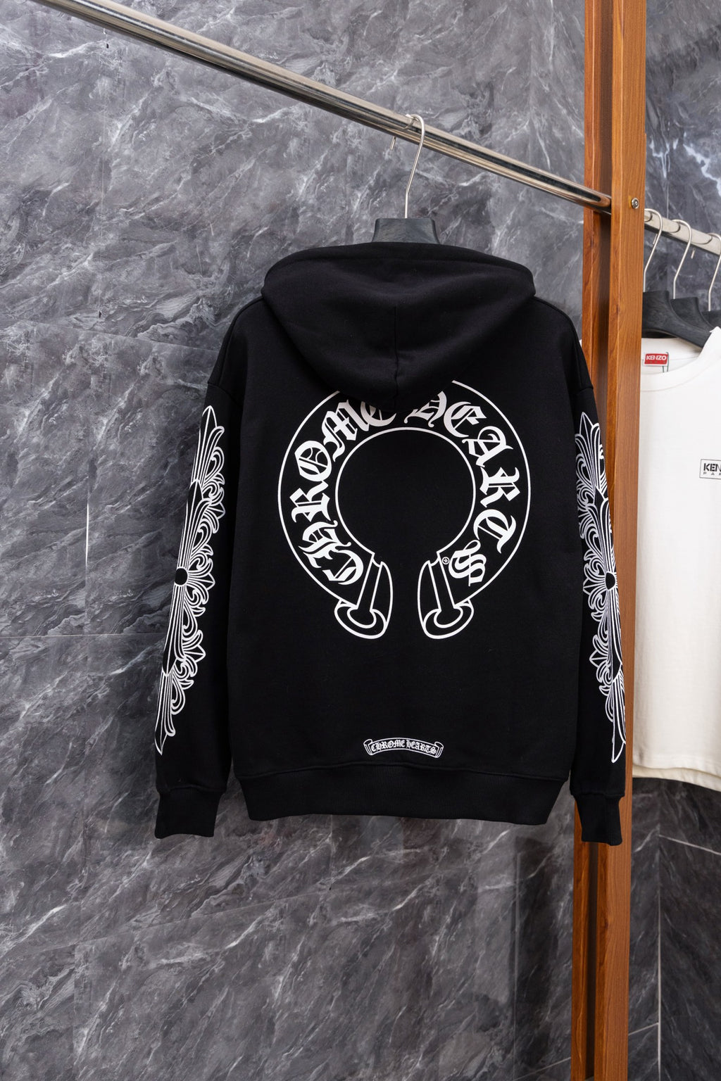 Black hoodie with large back skull circle graphic and hood