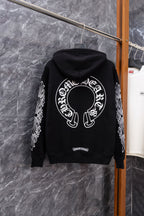 Black hoodie with large back skull circle graphic and hood