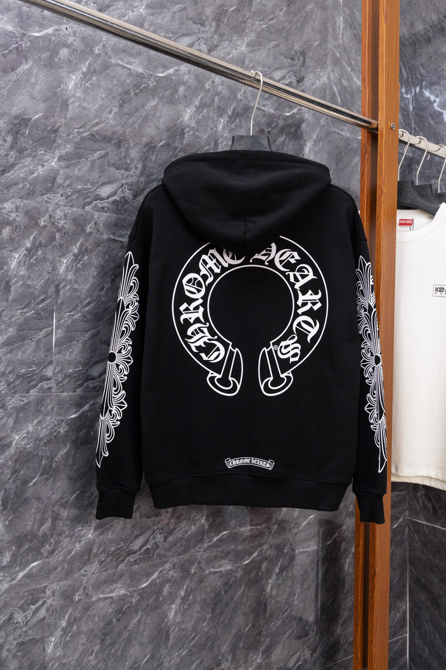Black hoodie with large back skull circle graphic and hood