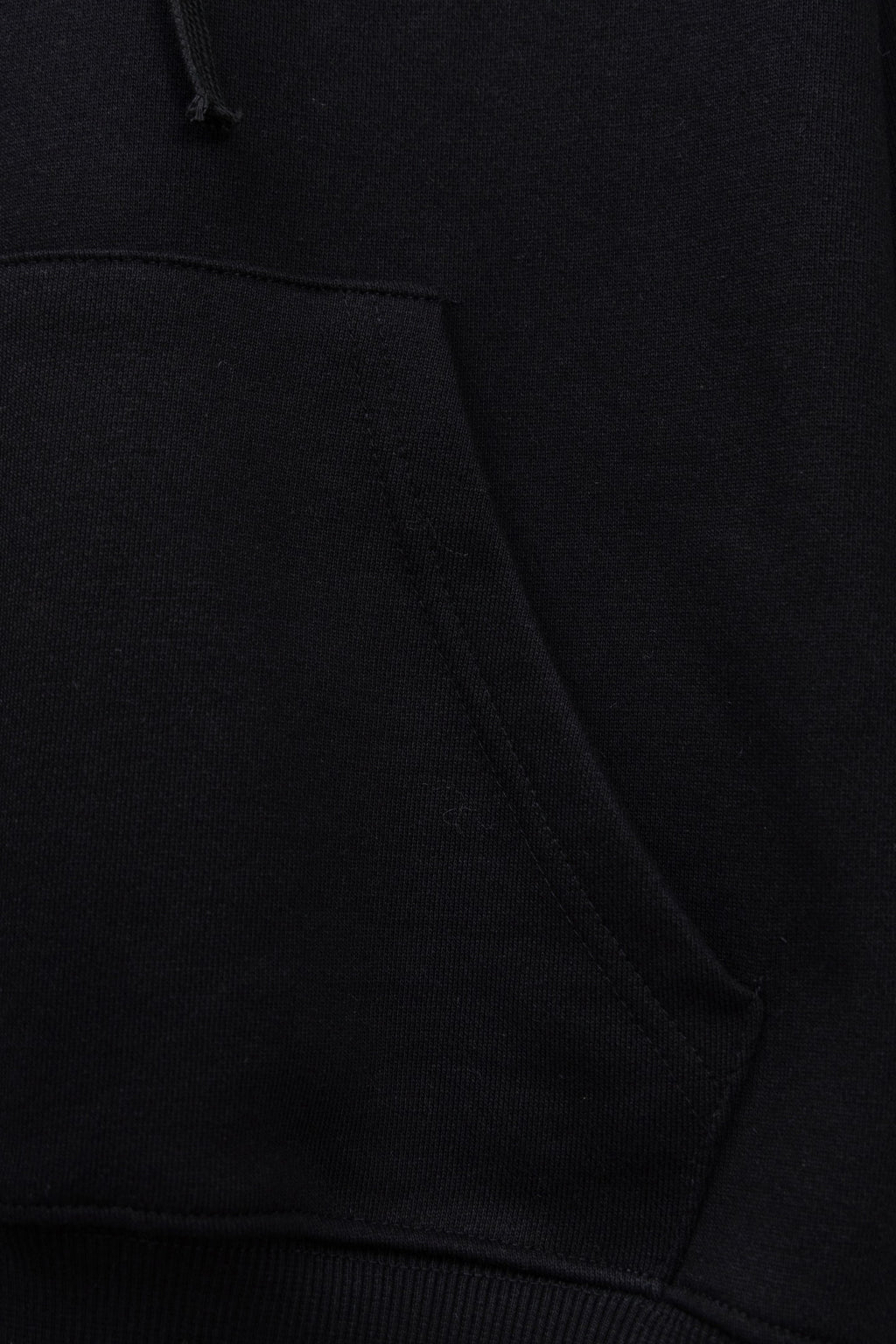 Black hoodie lower front with pocket panel and ribbed waistband