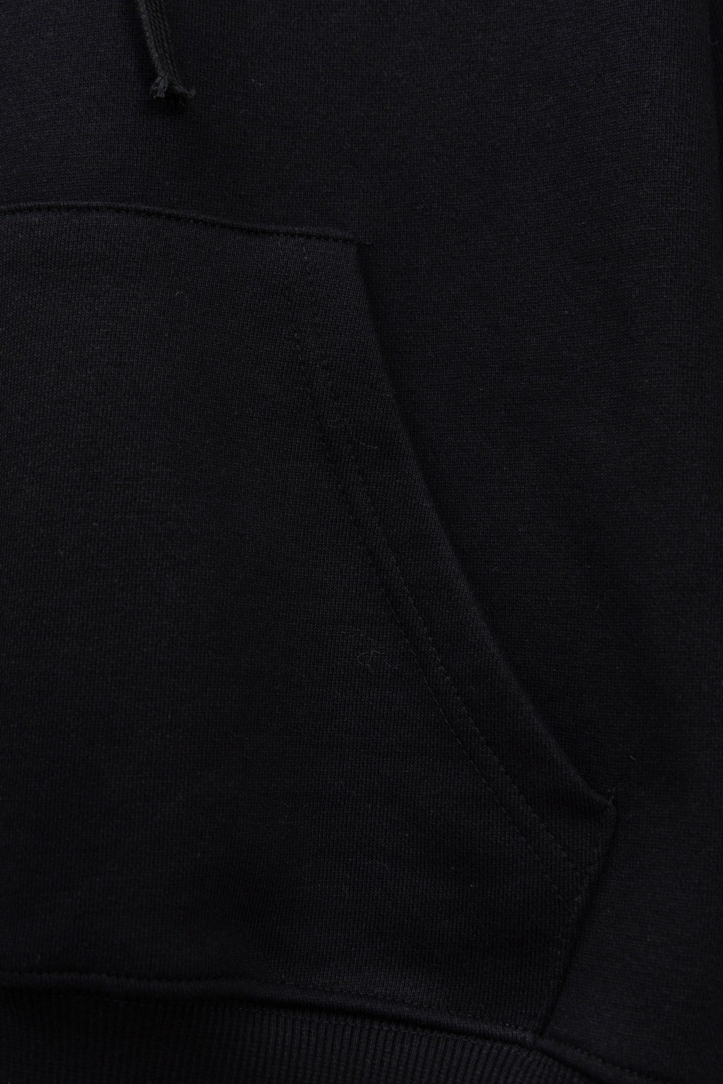 Black hoodie lower front with pocket panel and ribbed waistband
