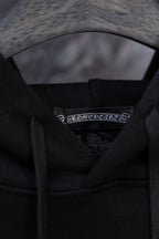 Black hoodie inner hood with woven brand label