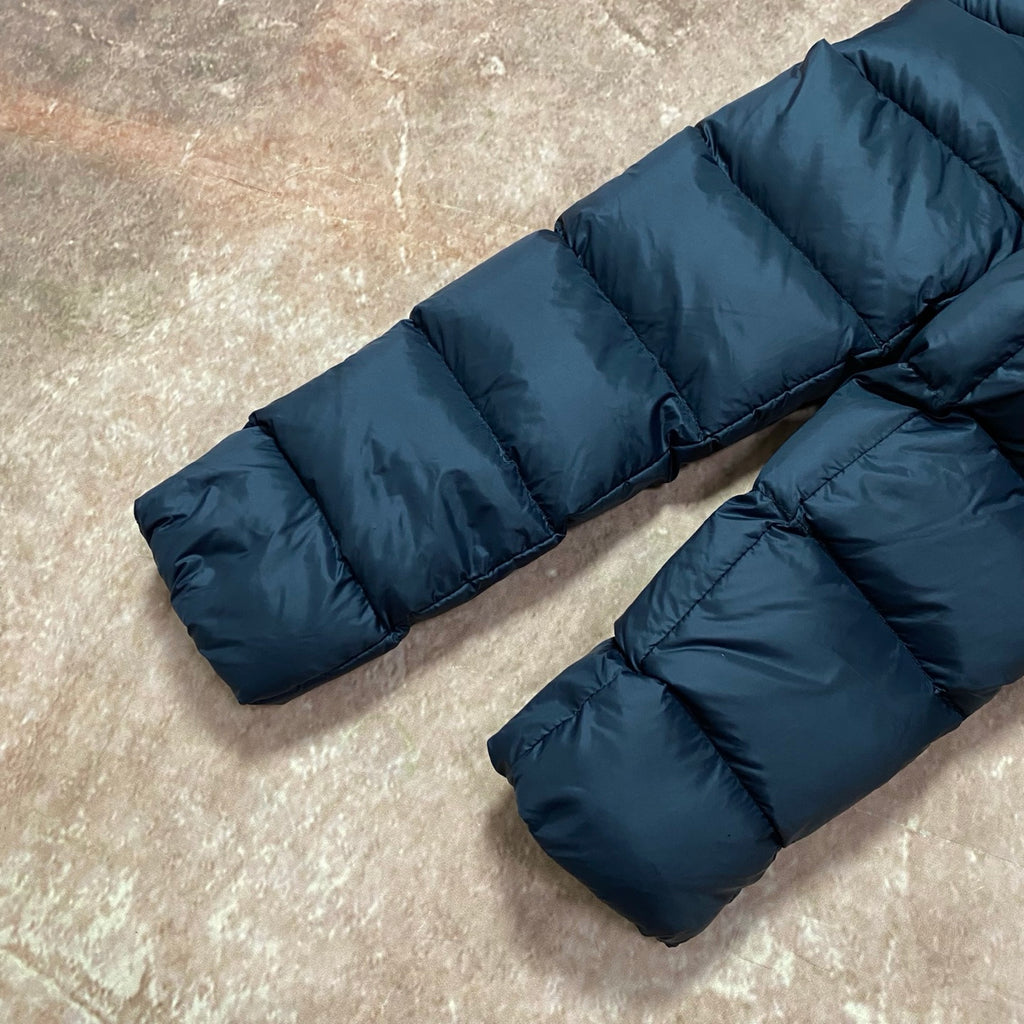 Long dark navy puffer coat view of sleeves, quilted panels, zip front