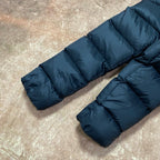 Long dark navy puffer coat view of sleeves, quilted panels, zip front