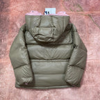 Olive green long puffer jacket back view, padded hood and elastic cuffs.