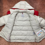 Moncler cream puffer jacket open front with red hood lining and interior hang tag