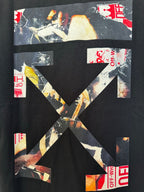 Black T-shirt back with collage X graphic and flag accents