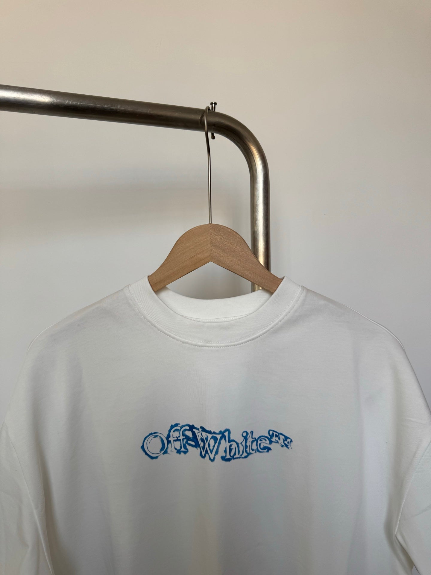 Off White T-shirt, off-white, blue chest logo graphic, crew neck, short sleeves