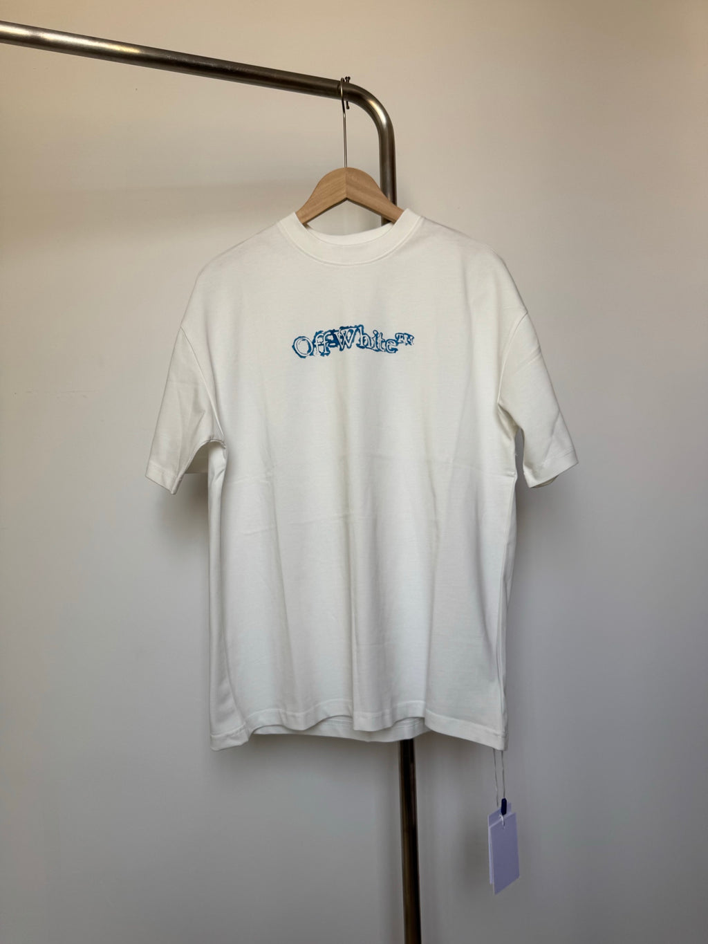 Off White T-shirt, off-white, blue front graphic print, short sleeves, crew neck