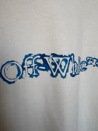 Off-white T-shirt with blue 'OffWhite' wordmark close-up