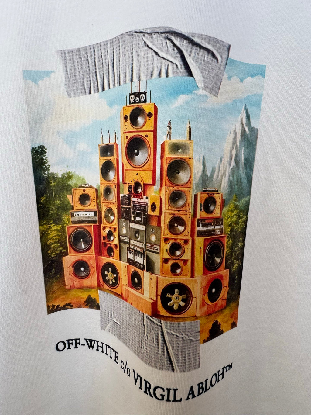 Off-White T-shirt front detail with large multicolor speaker artwork