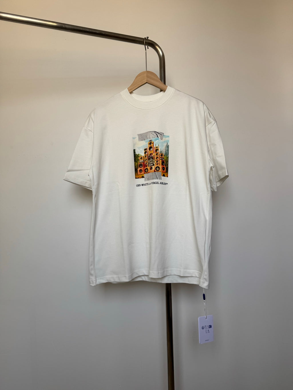 Off-White white T-shirt with centered multicolor speaker graphic