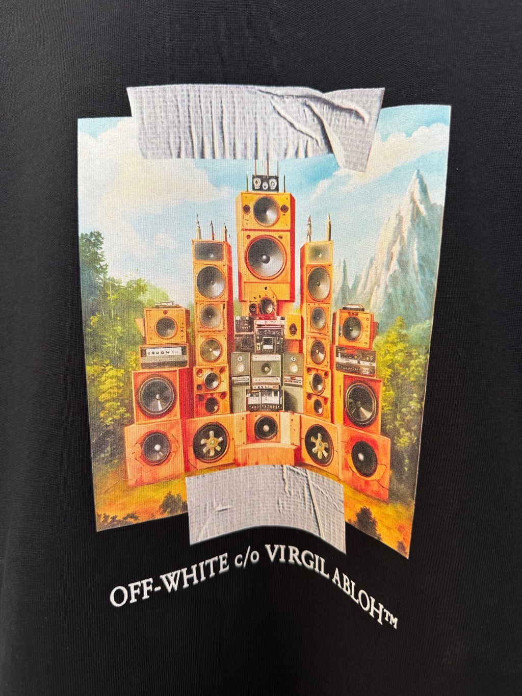 Off White T-shirt front graphic showing stacked speakers and text