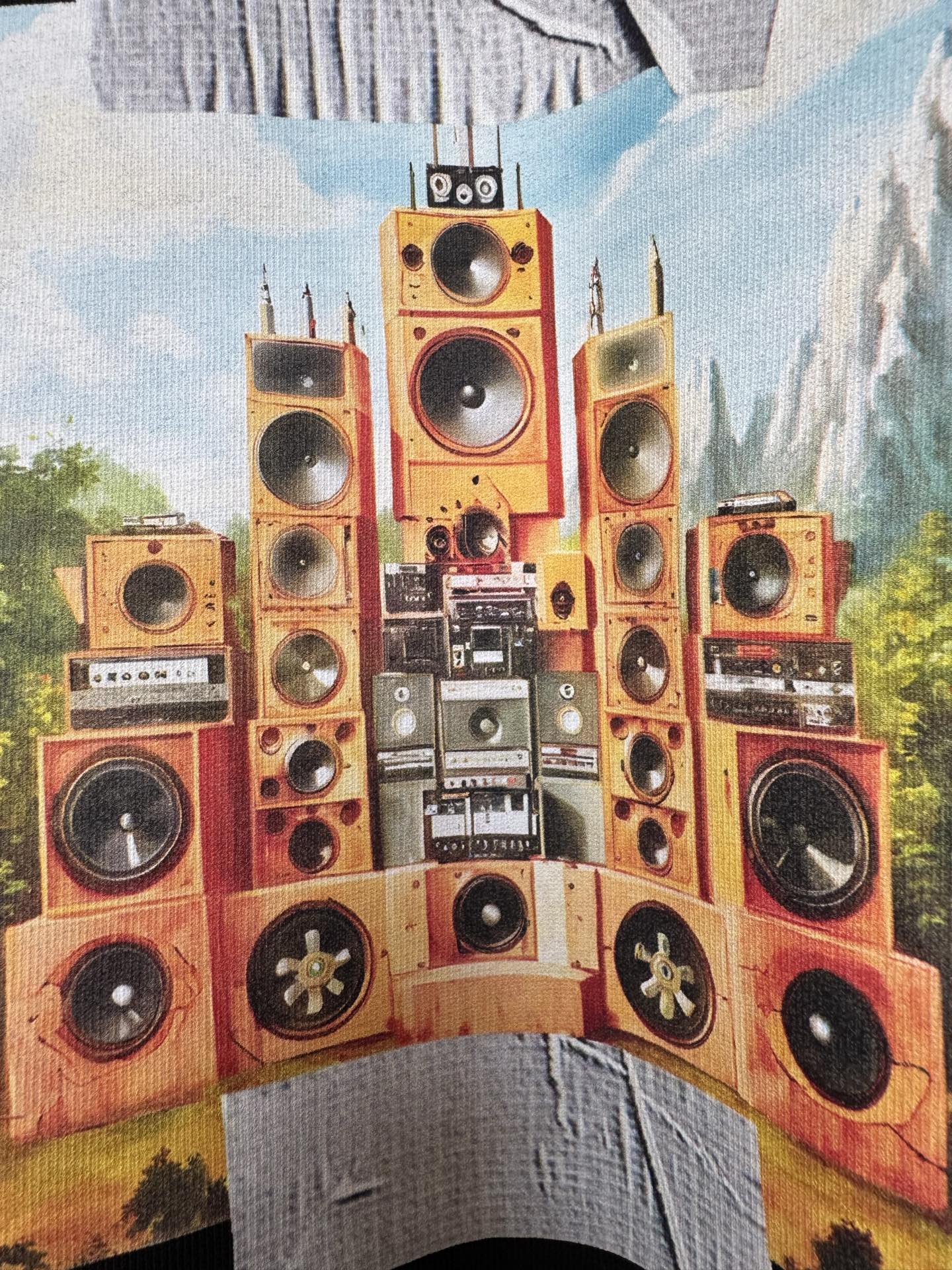 Off White T-shirt close-up graphic of orange speaker stack
