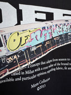 Off White T-shirt close-up of graffiti train graphic and white slogan text