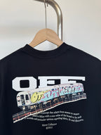 Off White T-shirt in dark color with white 'Off' logo and train graphic