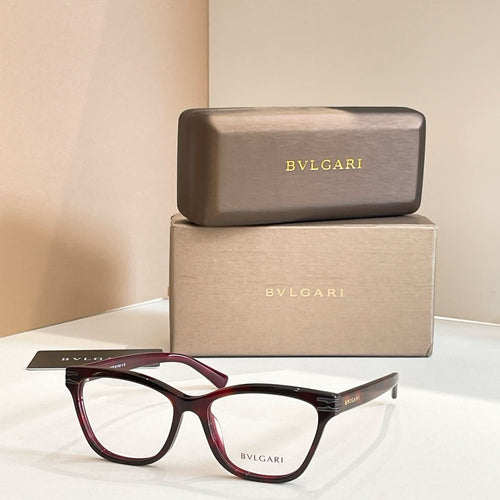Eyeglass frames with burgundy acetate temples and clear lenses, BVLGARI front logo.