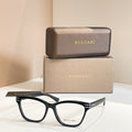 Eyeglass frames with dark acetate temples and clear lenses, BVLGARI front logo.