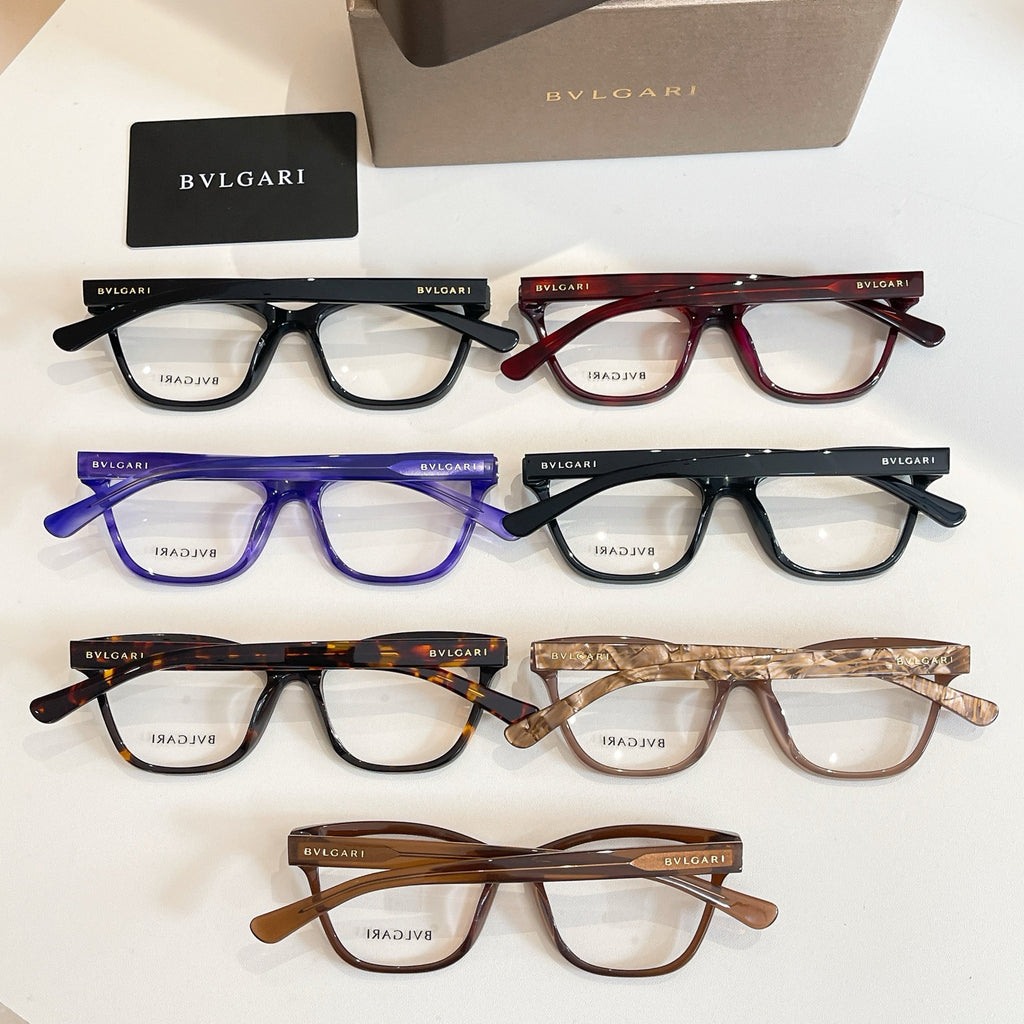 Set of eyeglass frames in black, red, blue, and tortoiseshell with BVLGARI logos.