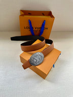 Louis Vuitton belt on gift boxes: tan strap with silver oval logo buckle