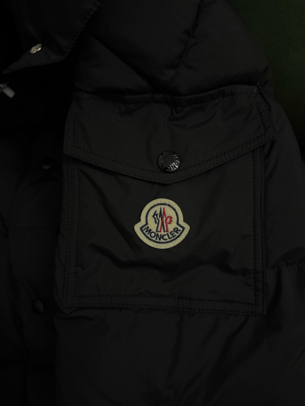 Long puffer coat close-up with Moncler logo patch on chest and button placket.