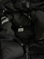 Black puffer jacket hood lining with inner placket and snap buttons