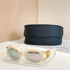 Versace round sunglasses with white frames and light blue tinted lenses