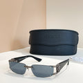 Blue-lens sunglasses with black frames and black case
